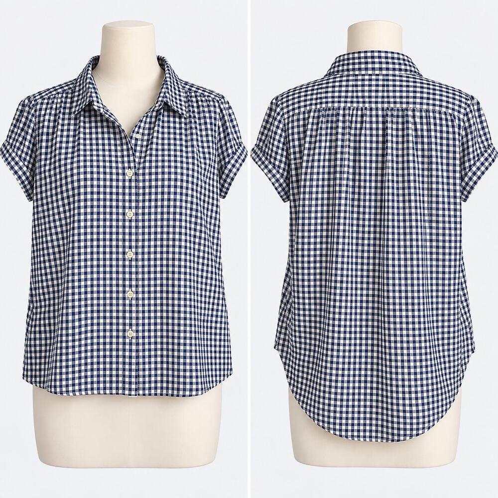 LOFT Blue White Gingham Flutter Sleeve Button Down Blouse Women's M
